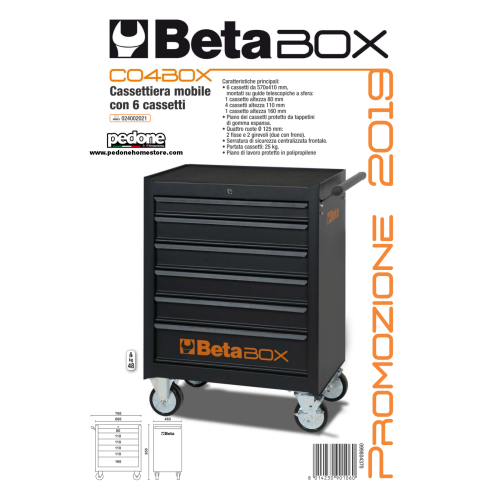 Cassettiera mobile 6 cassetti Beta C04 BOX dark carrello portautensili officina Vuota