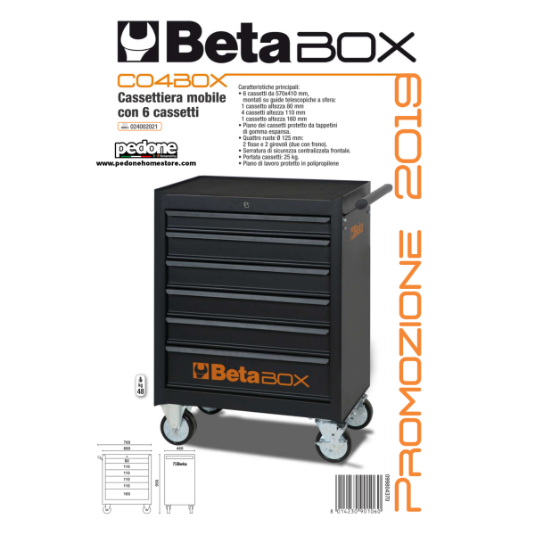 Cassettiera mobile 6 cassetti Beta C04 BOX dark carrello portautensili officina Vuota