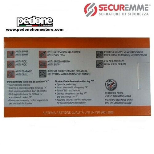 Cilindro Europeo SECUREMME EVO K64 Alta Sicurezza 5 Chiavi + Chiave da Cantiere