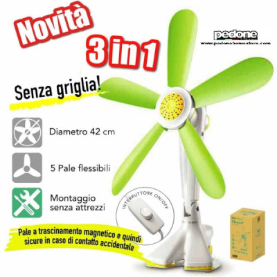 VENTILATORE DA TAVOLO PINZA FISSAGGIO REGOLABIE 5 PALE FLESSIBILI 42CM NO GRIGL.
