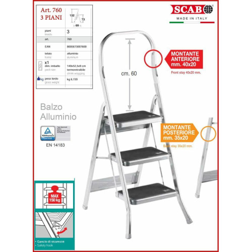 Scala Balzo Scab Scalino Alluminio 3 Piani Base Larga
