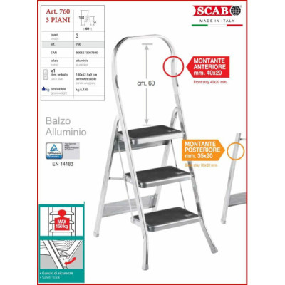 Scala Balzo Scab Scalino Alluminio 3 Piani Base Larga
