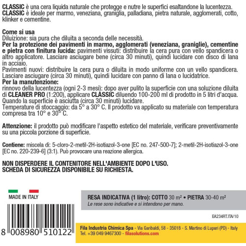 Fila Classic Cera Liquida Da 1 Litro Cera Per Pavimenti In Cotto Pietre Marmo