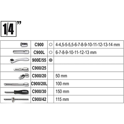 CASSETTA 98 pezzi CHIAVI BUSSOLE E CRICCHETTI 1/2" + 1/4" BETA 903E/C98 bussola
