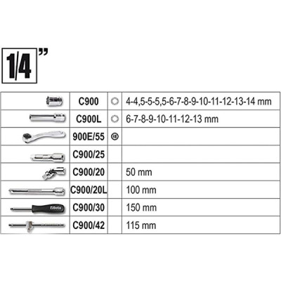CASSETTA 98 pezzi CHIAVI BUSSOLE E CRICCHETTI 1/2" + 1/4" BETA 903E/C98 bussola