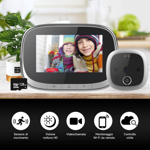 Spioncino Digitale WIFI con Sensore di Movimento HD Memoria 32GB Ricaricabile 4.3 Pollici