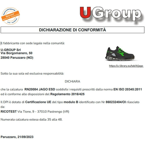 Scarpe Antinfortunistica da Lavoro U-POWER Basse Microfibra Uomo Donna JAGO S3