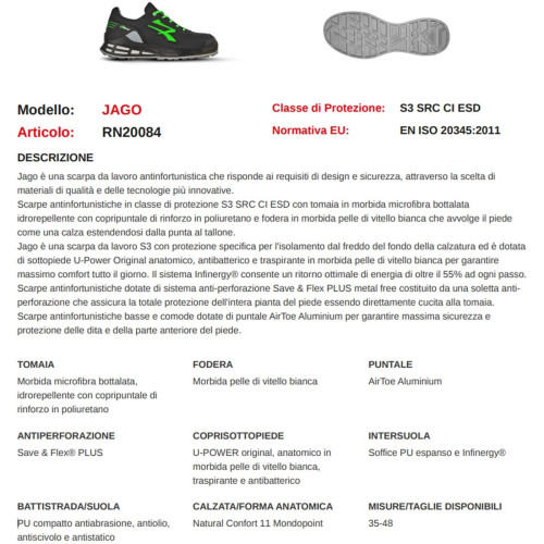 Scarpe Antinfortunistica da Lavoro U-POWER Basse Microfibra Uomo Donna JAGO S3