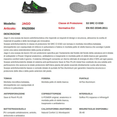 Scarpe Antinfortunistica da Lavoro U-POWER Basse Microfibra Uomo Donna JAGO S3