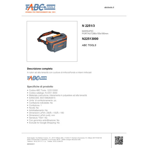 Borsa Marsupio Portautensili in Tessuto ABC TOOLS N2251/3