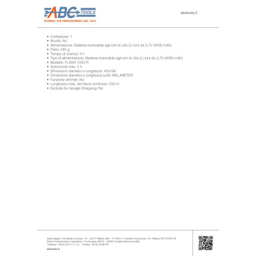 Torcia Professionale Ricaricabile ABC TOOLS a Litio per Ispezioni N9103