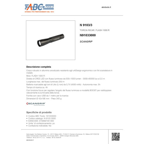 Torcia Professionale Ricaricabile ABC TOOLS a Litio per Ispezioni N9103