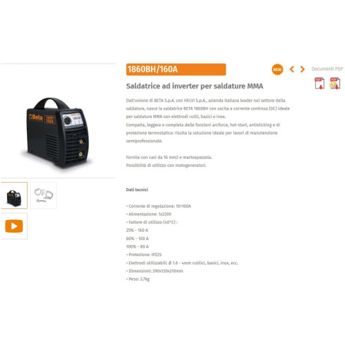 Saldatrice Inverter 160A MMA ad Elettrodo BETA Portatile con Cavi e Pinze 1860BH