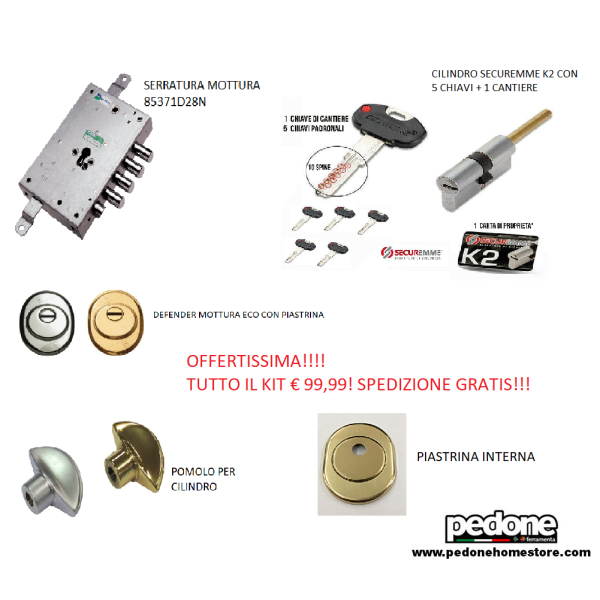 KIT SERRATURA PORTA BLINDATA CILINDRO EUROPEO MOTTURA 85371D28N COMPLETO TRASPORTO GRATIS!!